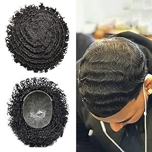 LYRICAL HAIR Afro Toupee for Black Men Full Poly Skin Brazilian Human Hair Unit for American African Black Men Injection Pu Weave Hair System PIECE (1B# Off Black, 14MM Afro Wave)