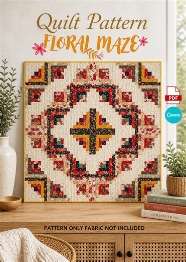 Floral Maze Quilt Pattern PDF – Log Cabin Patchwork Quilt, Floral Geometric Quilt Design, 87x87 Large Bed Quilt Pattern - Etsy