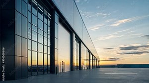 Large modern warehouse exterior with metal cladding and large windows, set against the backdrop of clear sky. Logistics distribution center, Retail warehouse. Ai Footage.