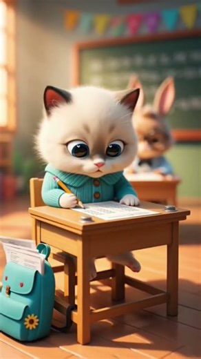 cute kitten is writing an exam