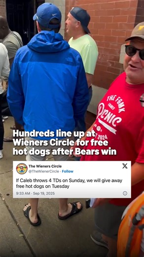 Free hot dogs! 🌭 Long lines and thousands of buns, dogs and squirts of mustard are expected at The Wieners Circle today. The iconic Lincoln Park restaurant is prepared to give away thousands of free Chicago dogs thanks to Bears quarterback Caleb Williams' performance in Sunday's game against the Cowboys. #weinerscircle #theweinerscircle #hotdogs #chicagodog #chicagofood #chicagobears #calebwilliams | NBC Chicago