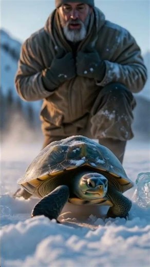 Frozen Turtle Rescued From Ice | Man Saves Turtle in Snow 🐢❄️#frozen #shortsvideo #coldweather