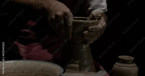 Hands of a master potter working on a potter's wheel in the manufacture of dishes