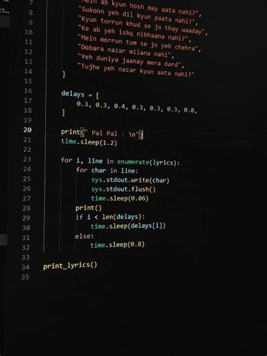 Pal Pal Song Lyrics print with Python Code #foryoupage #viral #fypシ゚viral #websitedevelopment #coding #programming #python #trendingvideo #websitedesign #motion #javascript #code #fyp #python #py #palpal #music