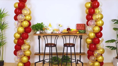 2 Sets Red Gold Balloon Column Stand Kit with 100 Balloons Adjustable Balloon Tower Stand with Bases for Floor Red Gold Confetti Balloon Column Kit for Valentine's Day Sport Birthday Wedding Party
