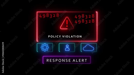Red Neon Alert Screen With Policy Violation Message And Icons warning
