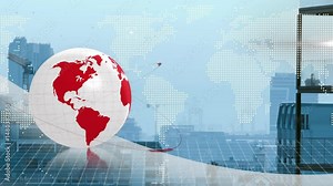 White 3D globe spinning above transparent grid plane, showing red orbital rings and dot map overlay