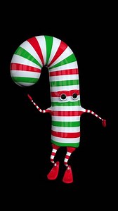 Download Green, white and red Christmas candy cane with dancing arms and legs against transparent background. Loop sequence. 3D animation for free
