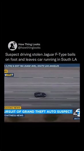 How Things Look on Instagram: "A dramatic high-speed pursuit of a stolen Jaguar F‑Type ended in South Los Angeles when the driver bailed on foot and abandoned the running vehicle. The California Highway Patrol had been tracking the car after it was reported stolen and the driver allegedly wanted for assault with a deadly weapon. At times speeds reached in excess of 100 mph on the freeway before the chase entered surface streets. The chase concluded near the 110 Freeway where the suspect exited t
