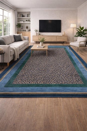 Leopard Print Area Rug, Animal Print Carpet, Blue Green Border Rug, Modern Statement Rug, Contemporary Living Room Floor Decor, Modern Rug - Etsy