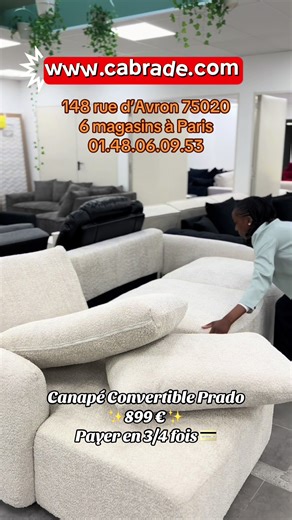Nouveauté chez Ça Brade 🔥! Shop vite le canapé convertible PRADO à 899€ 😍 ⚡ Quantités limitées, ça part vite ! 📦 Livraison partout en France 🛍️www.cabrade.com 📞01.48.06.09.53 💳 Paiement en plusieurs 📍Nos adresses : * 6, rue du Commandant Lamy 75011 Paris, métro BASTILLE ou VOLTAIRE * 148 rue d'Avron 75020, métro PORTE DE MONTREUIL * 3, rue Laure Surville 75015, métro JAVEL * 13 Avenue de Flandres 75019, métro STALINGRAD * 33 Bvd Barbès 75018, métro CHATEAU ROUGE * 53, rue de la République