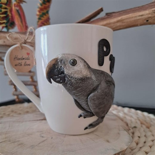 African Grey Parrot Polymer Clay Mug by Personal Picture of Your Pet Jako Parrot - Etsy