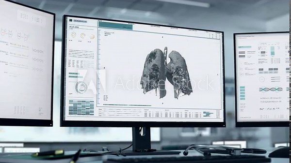 Medical diagnosis technology identifying the deadly respiratory virus. Diagnosis system studies the respiratory covid-19 pneumonia virus cells. Diagnosing the patient with dangerous respiratory virus.