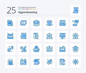 Premium Vector | Digital marketing 25 blue color icon pack including funnel filter video data laptop