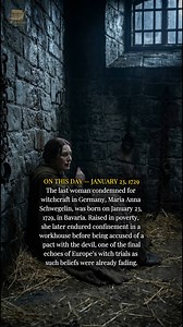 The last woman condemned for witchcraft in Germany, Maria Anna Schwegelin, was born on January 23 in Bavaria and raised in poverty after growing up in an orphanage. She later worked as a servant in southern Germany. In her early adulthood, she converted from Catholicism to Lutheranism after being promised marriage by a Protestant coachman—a promise that was never fulfilled. Left without work or protection, she wandered through Kempten and was eventually confined to the local workhouse, where yea