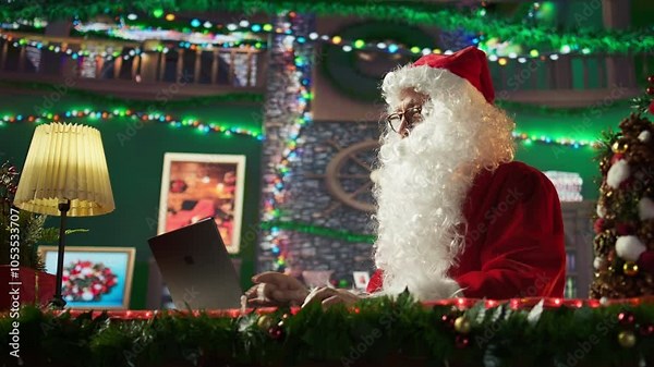 Santa Claus uses a laptop in his festive log cabin navigating online webpages to track gifts. The North Pole is filled with Christmas magic as Saint Nicholas embraces the digital age. Camera B.
