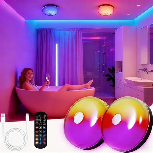 2 Pack Shower Lights, 15 RGB Color Changeable Waterproof Lights for Shower with Remote, Wireless LED Mood Lighting for Bathroom, Closet, Shower, Outdoor Camping