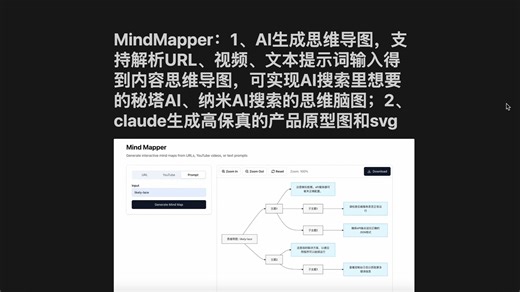 MindMapper：1、AI生成思维导图，支持解析URL、视频、文本提示词输入得到内容思维导图，可实现AI搜索里想要的秘塔AI、纳米AI搜索的思维脑图