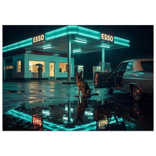 Edward Hopper-inspired Rainy Gas Station Print | Modern Shepherd Dog Night Wall Art - Etsy