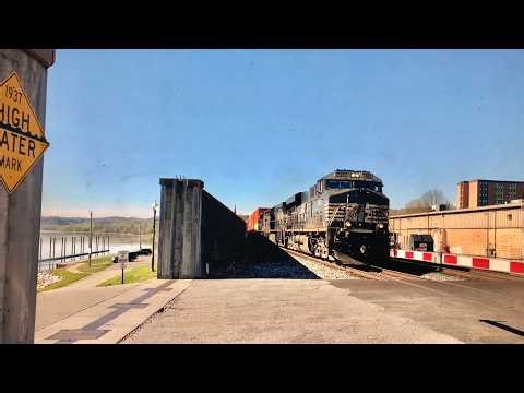 Running Up A Hill LHF & Floodwall Trains Along Ohio River. Cabooses Good & Bad. Norfolk Southern