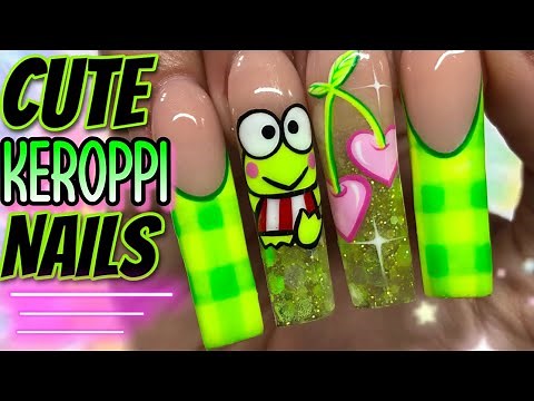 SANRIO KEROPPI NAIL TUTORIAL!💚💗 Beginner Friendly, Gel nail art!✨