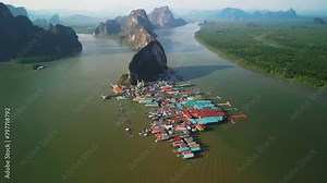 Aerial video of the floating village of Ko Panyi in Thailand