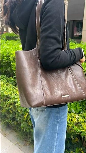Dark Brown Glossy Leather Tote | Minimalist Office Style,Fits Laptop#vitabellabag #bagtrend #newbag