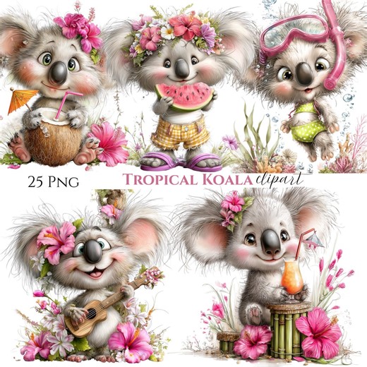 Tropical Koala Clipart Bundle | Hawaiian Luau, Summer Party Graphics (25 PNG) - Etsy