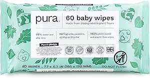 Pura Natural Sensitive Baby Wipes, 99% Water, Unscented & Hypoallergenic, Suitable for Sensitive & Eczema-prone Skin, Fragrance Free & Hypoallergenic, EWG Verified, 1 Pack of 60 Wet Wipes