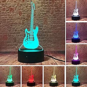 Fanrui Creative Electric Bass Music Guitar Model Optical Illusion Table Lamp, Acrylic LED 16 Colors Change, Remote Control, USB Touch, Dimmable, Music Gifts for Bass Players, Teachers and Musicians