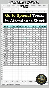 1.4M views · 9.2K reactions | Attendance Sheet Tricks ❤️|Go to Special Tricks in Attendance Sheet #exceltricks #MicrosoftCopilot #msexceltutorials #msexceltricks #msexceltraining #msexcelformulas #msexcelshortcutkeys #computer #msexceltips #MicrosoftOffice #dktechcomputergyan | DK TECH Computer GYAN | Facebook