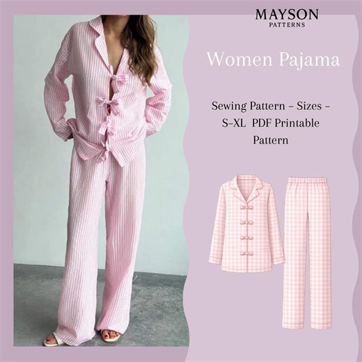 Women Pajama Sewing Pattern PDF | Long Sleeve Pajama Set With Bow Ties | Buttonless Sleepwear Pattern | Sizes S–XL | A0 Printable - Etsy