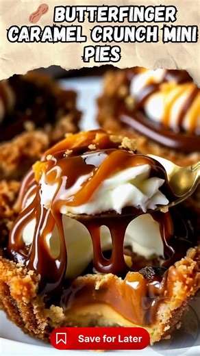 🥜 Butterfinger Caramel Crunch Mini Pies Crunchy, creamy, and packed with chocolate-peanut flavor in every bite-sized pie! 🍯 Ingredients: For the crust: 1 1/2 cups crushed graham crackers 1/2 cup crushed peanut butter candy bars (about 3 bars) 1/3 cup melted butter For the filling: 1 (3.4 oz) box instant vanilla pudding mix 1 1/2 cups cold milk 1/2 cup whipped topping 1/3 cup crushed peanut butter candy bars For topping: Whipped cream Chocolate syrup Caramel sauce Extra crushed candy bars 👩‍🍳
