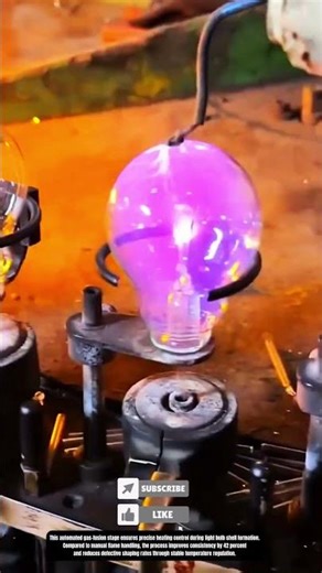 Automated heating and gas-fusion process for forming light bulb shells on assembly line