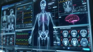 Futuristic medical screen displaying human skeleton, brain scans, and vitals, showcasing advanced healthcare technology and diagnostics.