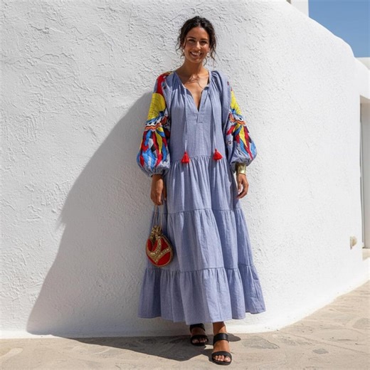 Boho Maxi Dress Women, Embroidered Sleeve Dress, Oversized Summer Dress, Ethnic Boho Dress, Loose Fit Vacation Dress - Etsy