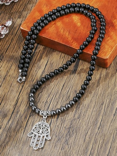 Men’s Black Beaded Necklace with Silver Hamsa Hand Pendant – Spiritual Boho Style Jewelry for Men, Ideal for Casual Wear, Festivals or Gift Giving 2025 - $7.99