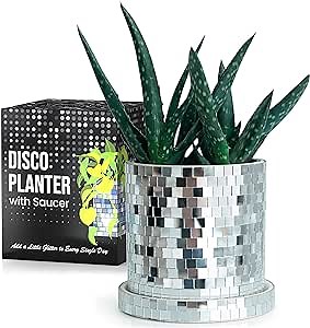SCANDINORDICA Disco Ball Planter Pot - 4.3 inch Disco Ball Vase, Disco Planter, Ceramic Planter Pots Indoor with Drainage Hole and Saucer, Cute Eclectic Decor, Preppy Room Decor | 0.3" Mirror Tiles