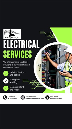 Power up with Birdsong Electric ⚡ From lighting design to full rewires, we deliver safe, reliable electrical solutions for homes & businesses across North Texas. 📞 972-295-3000 | 🌐 BirdsongElectric.com #DFWElectrician #NorthTexasElectrician #BirdsongElectric | Birdsong Electric