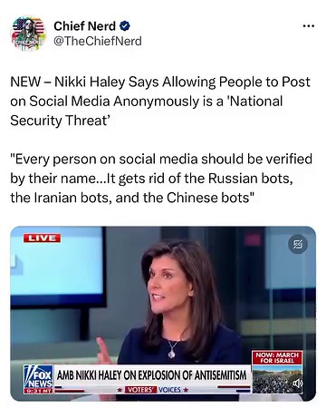 You know who were anonymous writers back in the day? Alexander Hamilton, John Jay, and James Madison when they wrote the Federalist Papers. They were not “national security threats,” nor are the many conservative Americans across the country who exercise their Constitutional right to voice their opinions without fear of being harassed or canceled by the school they go to or the company they work for. Haley's proposal to ban anonymous speech online — similar to what China recently did — is danger