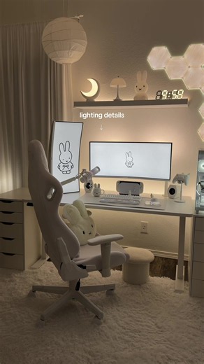 my lighting setup ⊹ ࣪ ˖ 🪽behind desk: PHILIPS smart wi-fi wiz 🪽behind monitor: GOVEE smart led bars 🪽top shelf: PHILIPS smart wi-fi wiz 🪽wall hexagons: Nanoleaf elements wood 🪽Moon lamp: Brnewo moon lamp everything & more linked in my bio. most are on sale for prime days !! ——— #desksetup #lighting #whitesetup #gamingsetup #amazonfinds