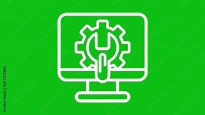 Animated computer setting white icon. Line monitor with spanner turning gear animation. Hardware repair. Loop HD video with chroma key, alpha channel, transparent background. Outline motion graphic