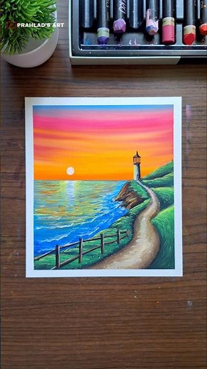 🌅 Ocean Sunset with Lighthouse | Oil Pastel Drawing 🎨 #art #drawing #sunset