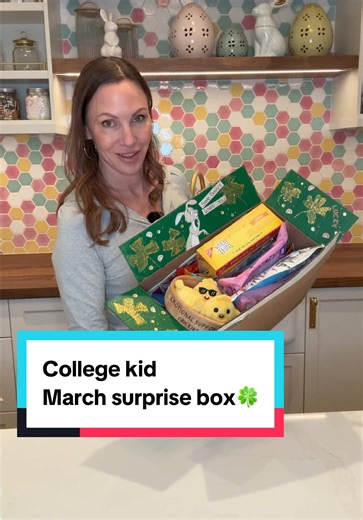 March surprise box is all loaded up 📦🍀💚 #collegekid #carepackage #showthemlove