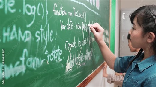 Skilled asian girl writing engineering prompt and programing system while standing blackboard with generated AI prompt written by diverse smart student at STEM technology lesson. Education. Pedagogy.