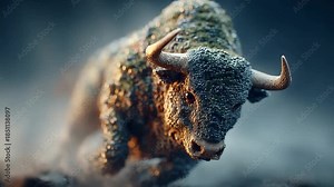 Charging Bull: A powerful, textured bull charges forward with determination and strength, its form emerging from a hazy atmosphere. This image embodies resilience and unwavering resolve.