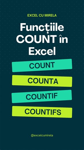 👉 Cum să folosești COUNT, COUNTA, COUNTIF și COUNTIFS în Excel (în 1 minut!) Învață rapid diferența dintre formulele COUNT, COUNTA, COUNTIF și COUNTIFS în Excel — totul explicat clar, în mai puțin de un minut. Perfect pentru rapoarte, analize și automatizări simple. 📊 Ideal pentru: începători în Excel, contabili, analiști, freelanceri. #Excel #CountFunction #CountIF #TutorialExcel #Productivity #exceltips Comanda-ti deskmatul Excel cu Mirela de aici 👇 www.excelcumirela.ro | ExcelcuMirela