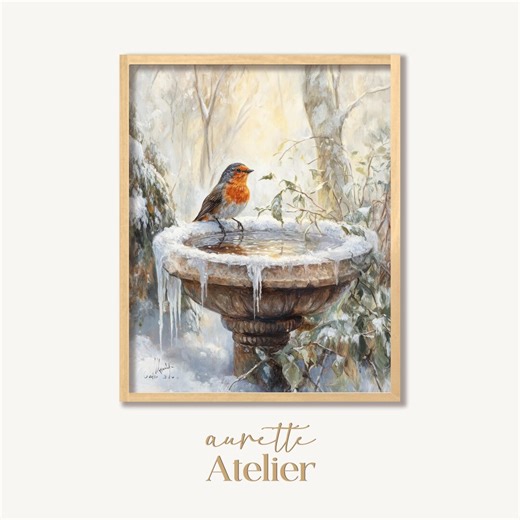 Art mural imprimable rouge-gorge d'hiver - peinture de scène de bain d'oiseau rustique confortable, feuillage saupoudré de neige, feuilles givrées, téléchargement numérique instantané 30 - Etsy France