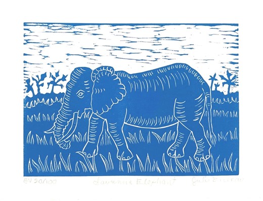 Elephant Linocut Print: Blue - Small Animal Block Art - Original Safari Landscape Artwork - Etsy