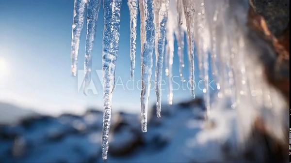 icicles on the roof. Close up of suspended single icicle melting in UK winter with water droplets dripping as ice melts in rising temperatures. Neutral out of focus background, shallow depth of field.